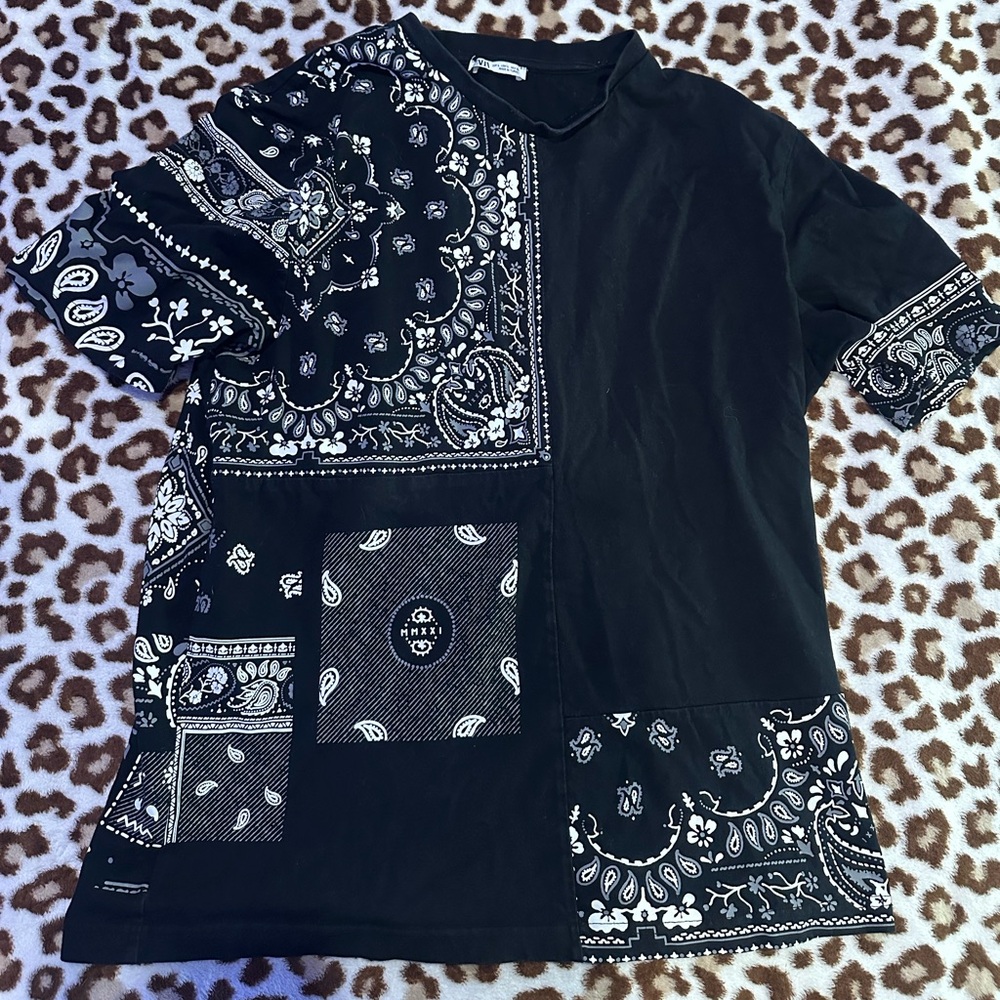 Zara Black and White Bandana Patchwork T-Shirt